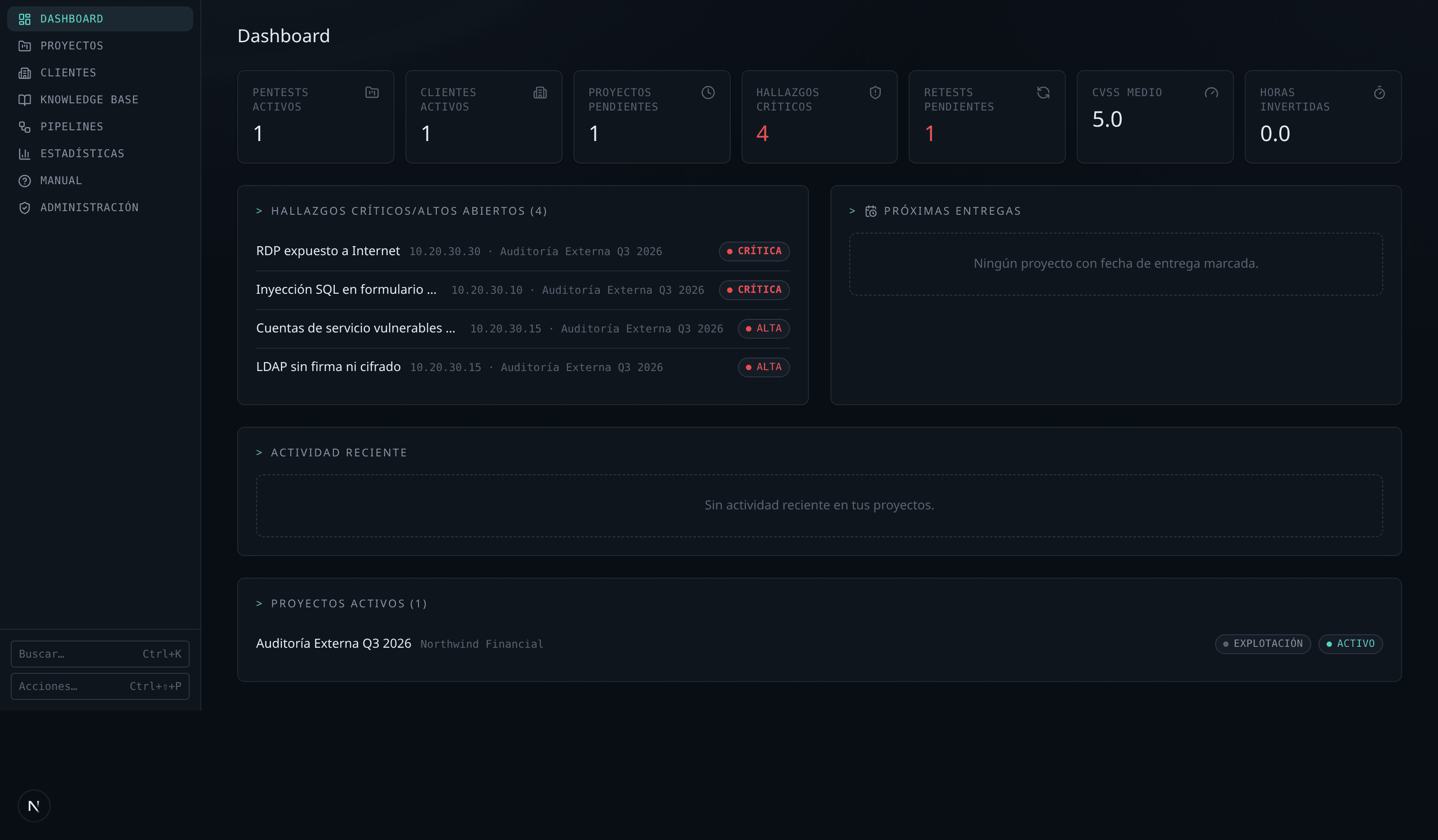 Dashboard de Corvale con KPIs de pentests activos, hallazgos críticos y proyectos en curso